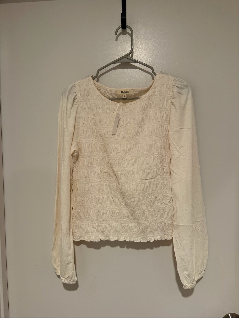 Madewell White Smocked Long-Sleeve Blouse